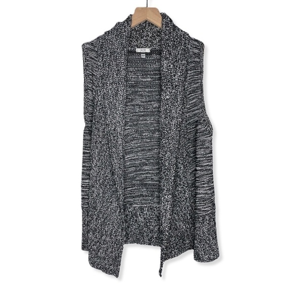 𝅺Cache Open Sleeveless Cardigan Vest Black White Marled Textured Knit - Picture 1 of 3